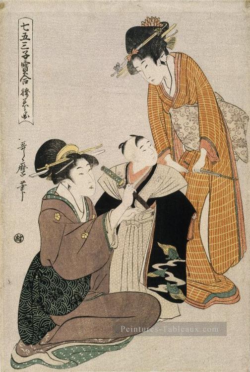 habiller un garçon à l’occasion de son premier laisser ses cheveux poussent Kitagawa Utamaro ukiyo e Bijin GA Peintures à l'huile